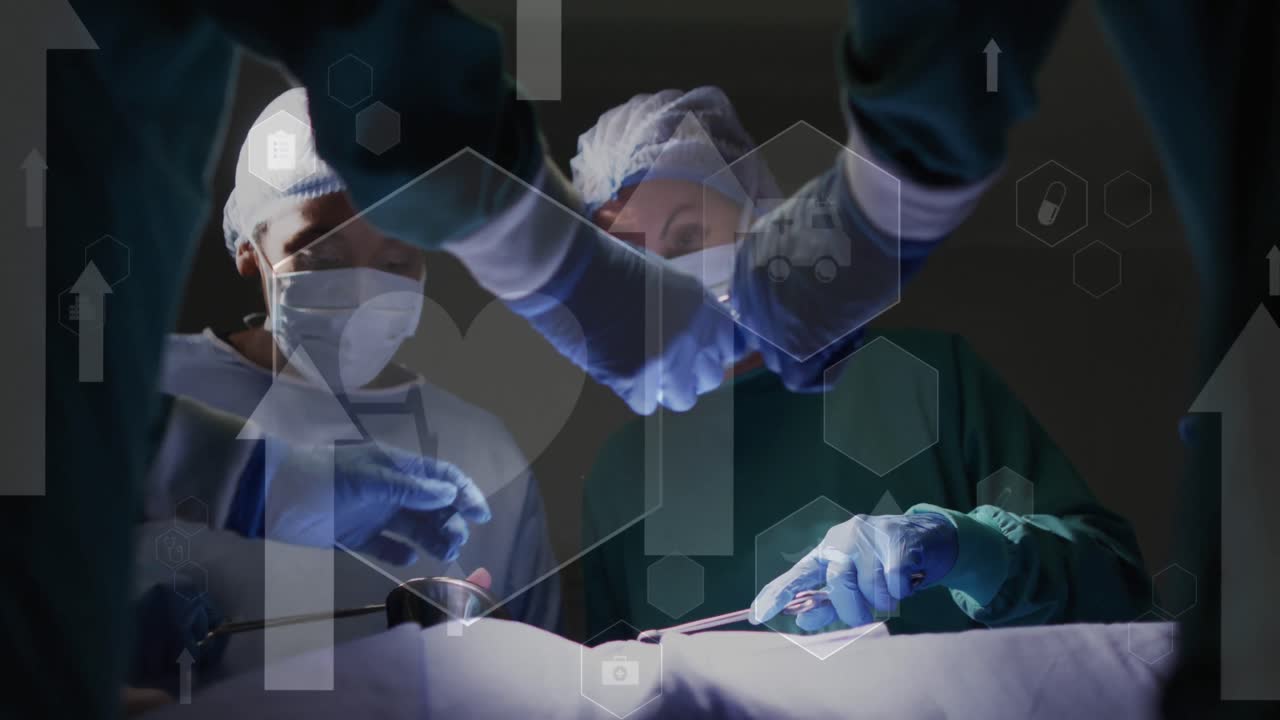 병원에서 환자를 수술하는 다양한 외과 의사에 대한 화살표와 아이콘의 애니메이션