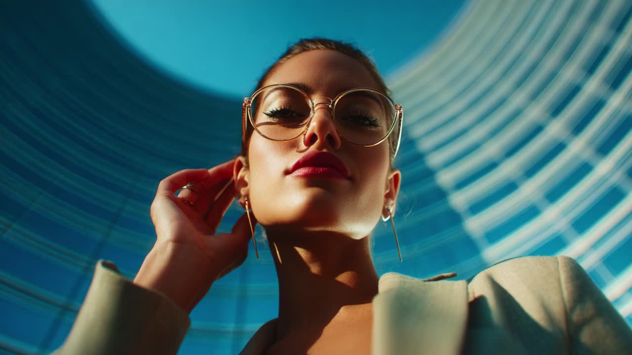 Captivating Portrait of a Stylish Woman in Glasses Against a Modern Architectural Background, Highlighting Fashion, Confidence, and Urban Elegance