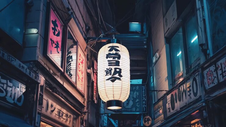 Scène urbaine nocturne avec des lanternes japonaises