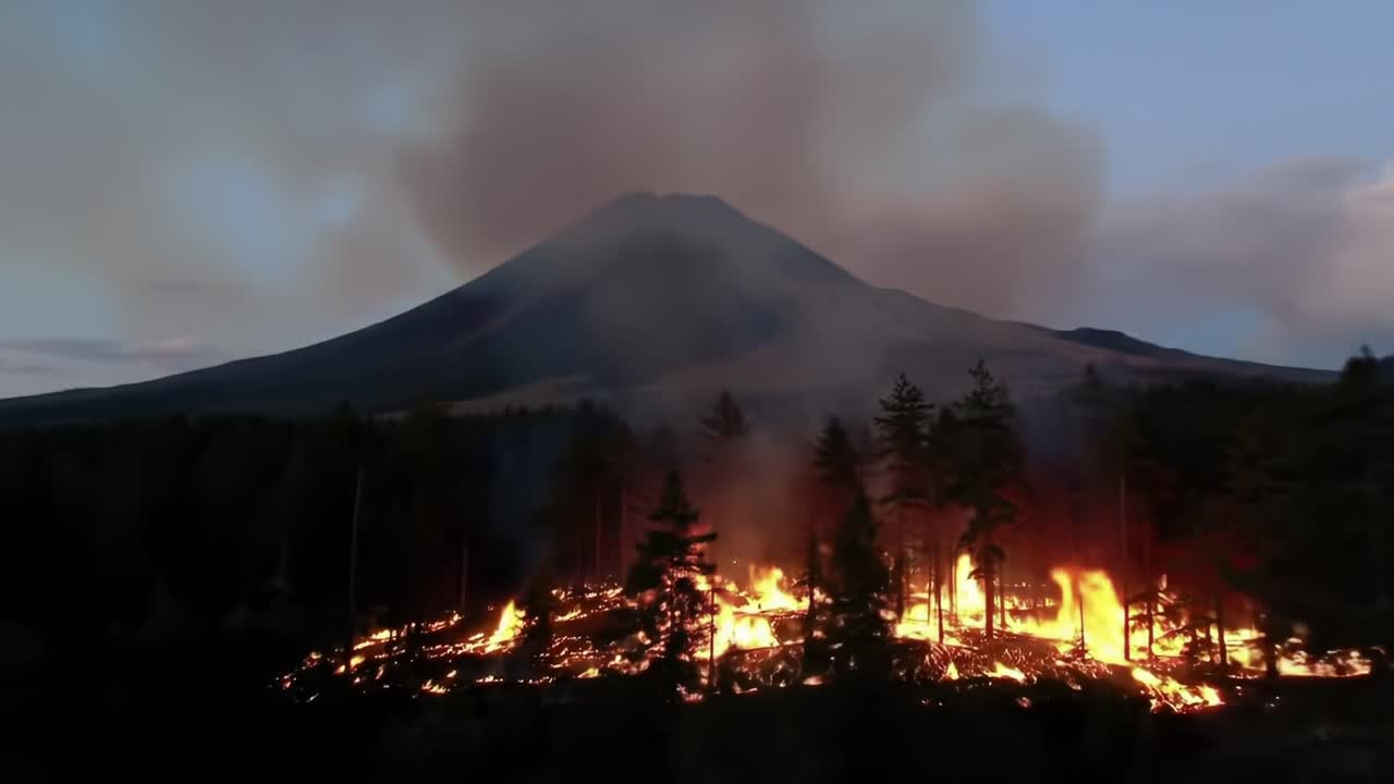 Forest Fire Burns Near Active Volcano at Dusk With Smoke Rising Into the Sky