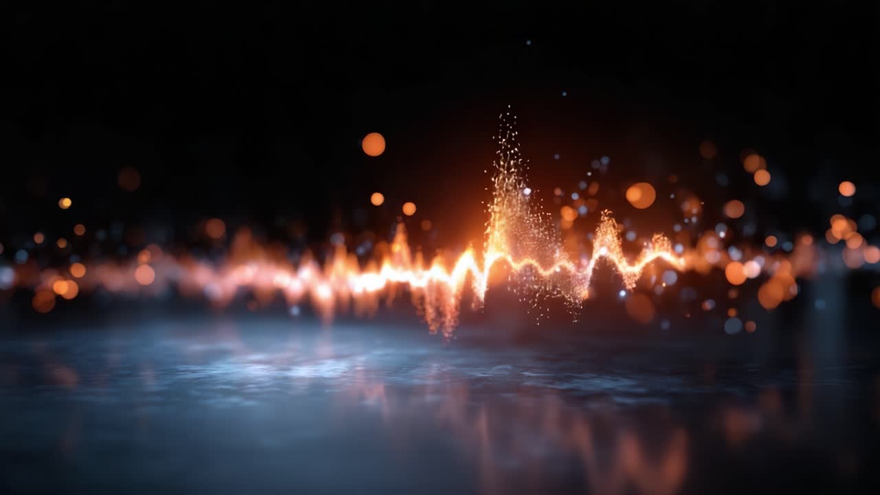 Visualizzazioni dinamiche di onde sonore con particelle scintillanti che creano un'esperienza coinvolgente di ritmo ed energia in movimento