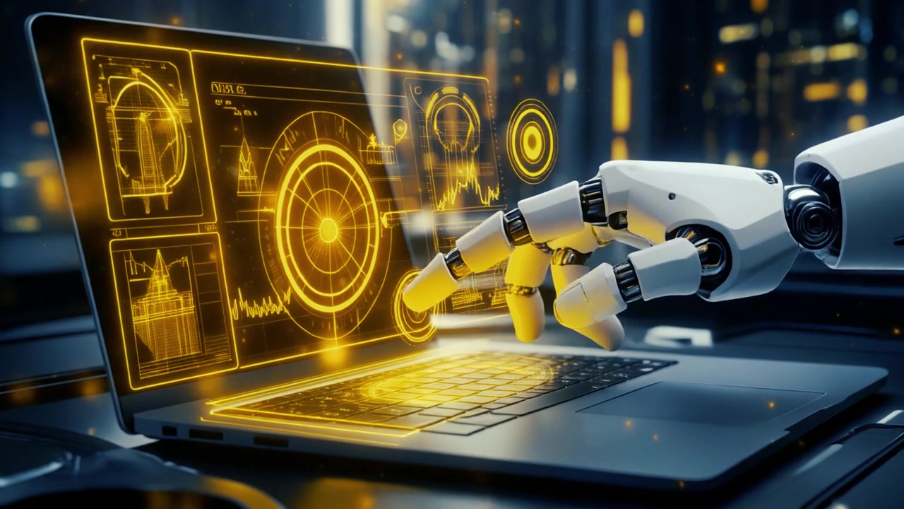 Robotic Hand Typing on Laptop with Futuristic Data Interface