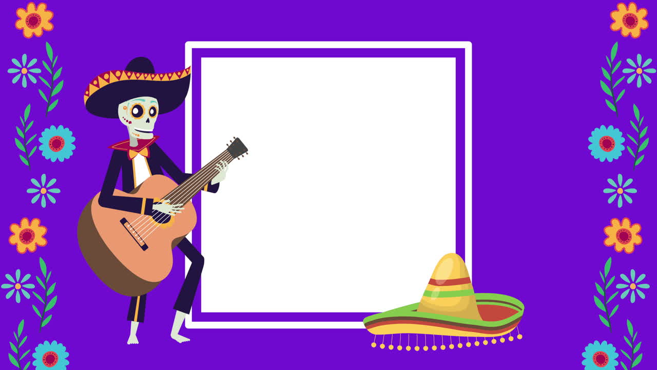 animazione viva mexico con skull mariachi che suona la chitarra