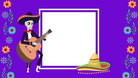 viva méxico animación con cráneo mariachi tocando la guitarra
