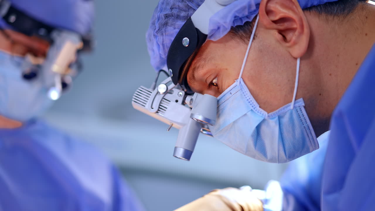 Un chirurgo concentrato su un intervento al cervello con lenti di ingrandimento chirurgiche. Un medico professionista che indossa lenti di ingrandimento esegue un intervento di neurochirurgia. Il medico è totalmente concentrato su una procedura delicata.