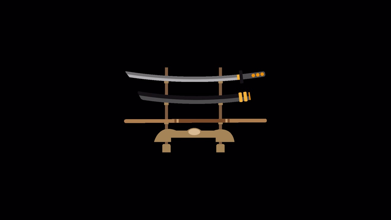 Spade Katana giapponesi animate posizionate su un espositore