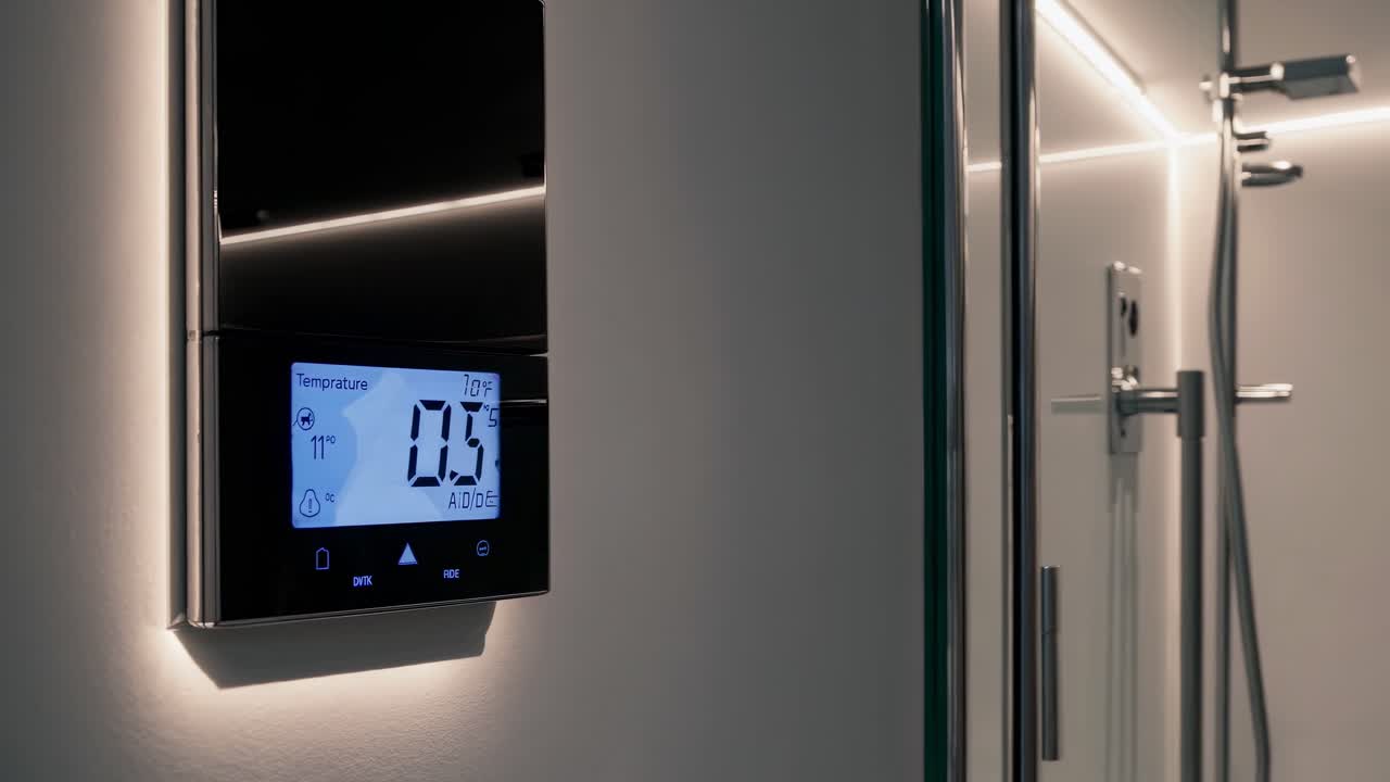 Close-up angle of a modern thermostat on a wall, displaying temperature settings