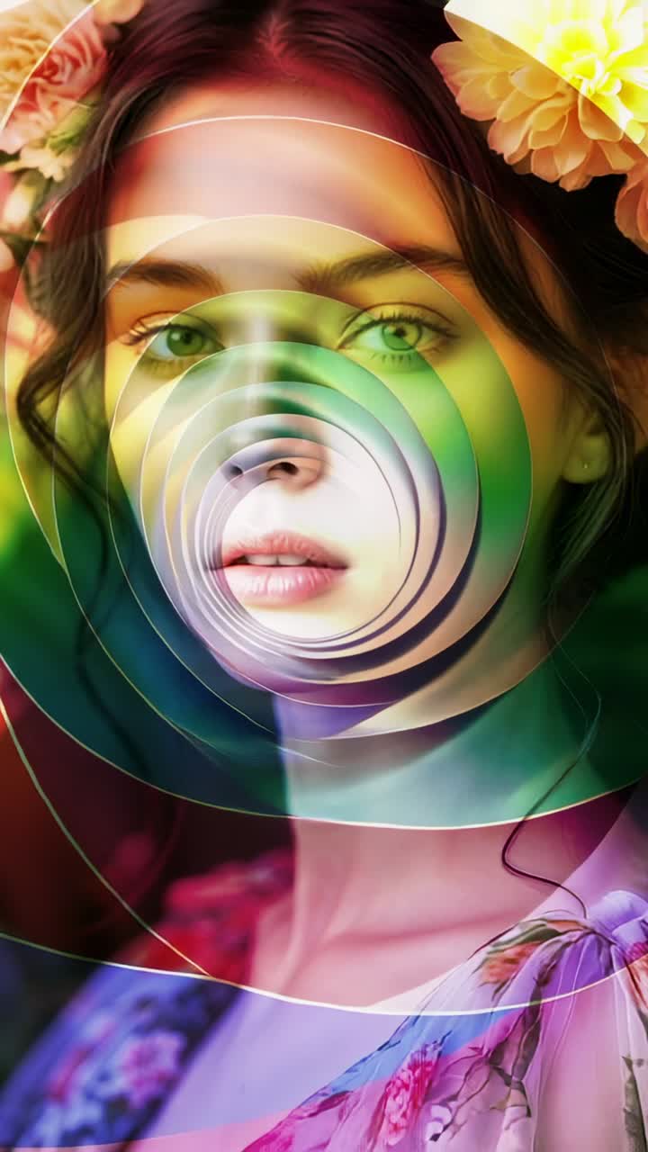 Vertical video: Spiral overlay starting rotation around wreath model revealing floral dress on set