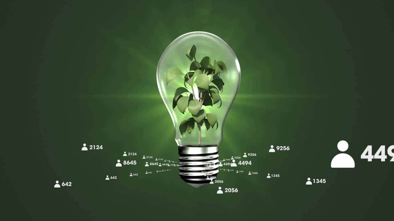 Glass bulb sprout growing after user icons rising, tech network powering community growth