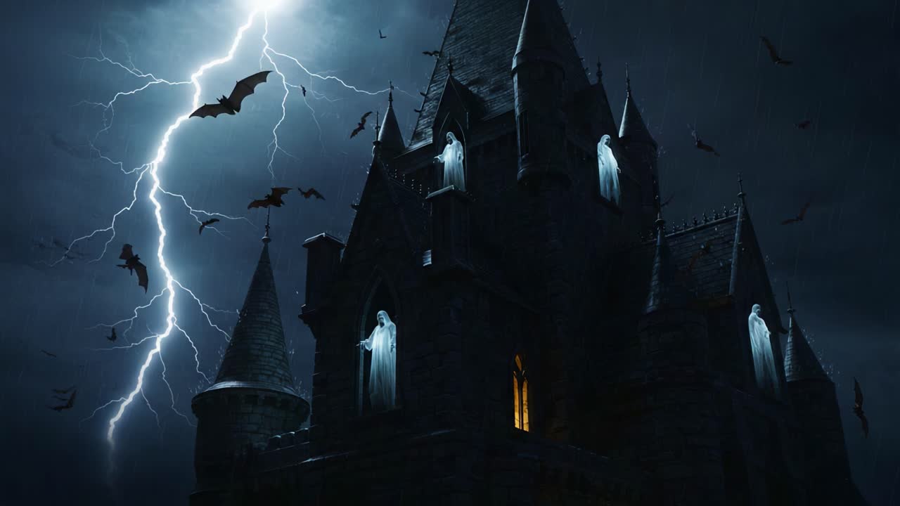 Un castello oscuro e misterioso illuminato dai fulmini, con apparizioni spettrali e pipistrelli che volano nel cielo notturno tempestoso.