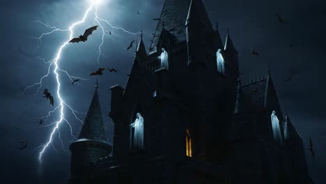 a dark and mysterious castle illuminated by lightning with ghostly apparitions and bats flying in the stormy night sky