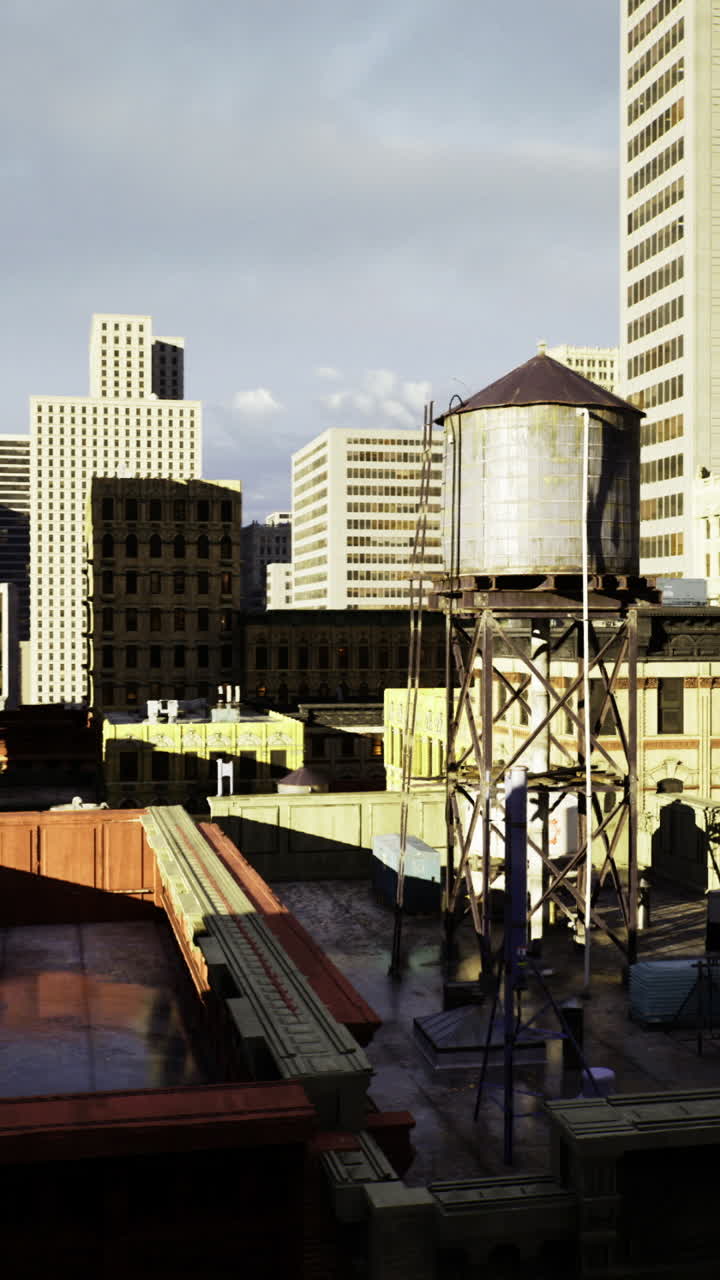 Urban skyline featuring modern buildings and rooftop details in a city