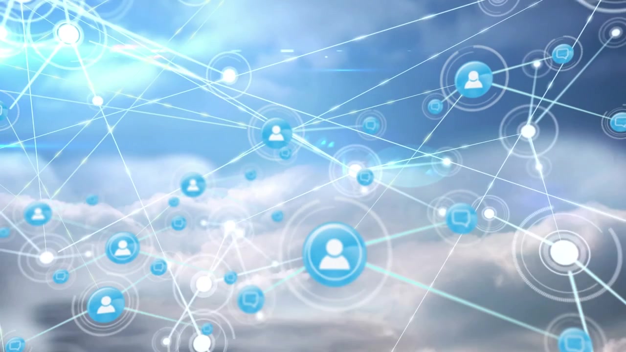 Animation af et netværk af forbindelser med personikoner over skyer og himmel