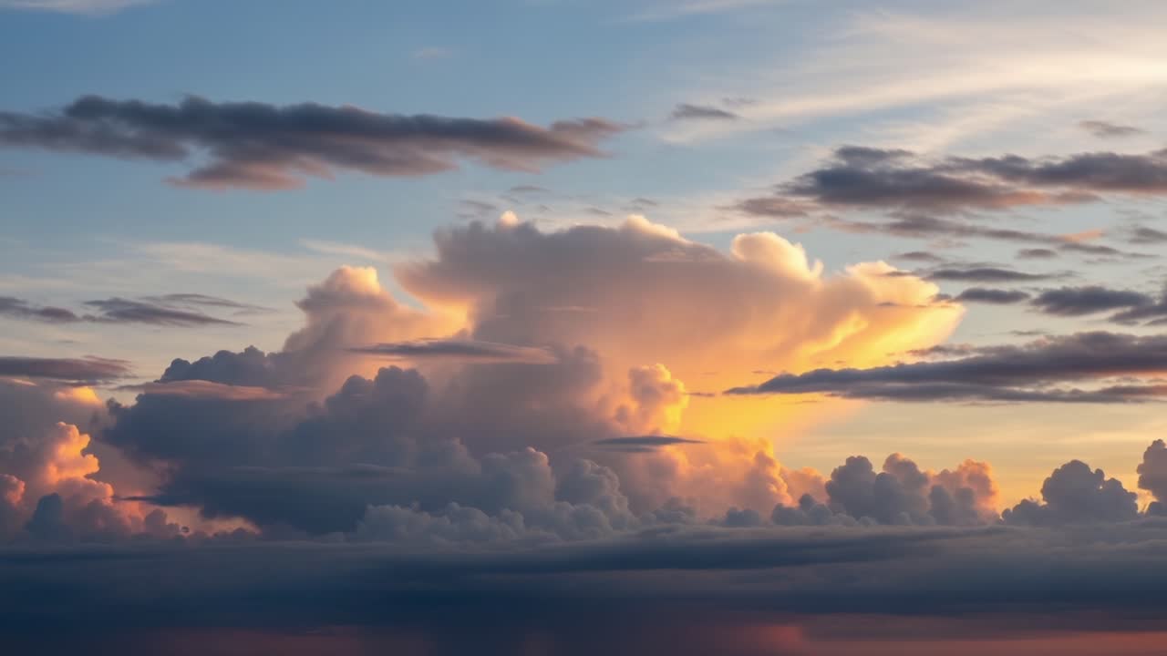 A Majestic Sunset Over the Horizon Illuminating a Complex Formation of Clouds, Showcasing Vibrant Colors and Unique Cloud Structures in the Evening Sky