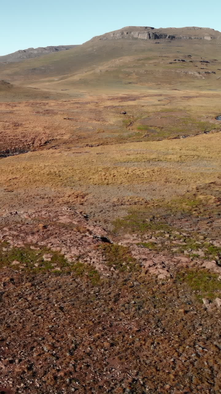 Vista aerea di un vasto paesaggio montuoso arido sotto un cielo sereno