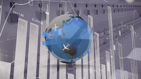 digital animation of multiple planes flying over spinning globe against statistical data processing