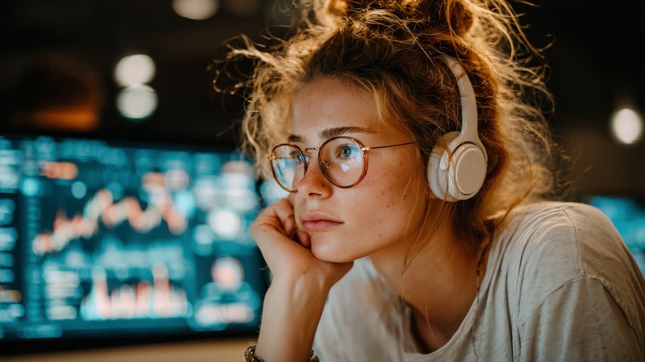 Focus and Concentration: A Young Woman Deep in Thought While Analyzing Data Trends on Multiple Monitors, Captured in a Moment of Intense Reflection and Study