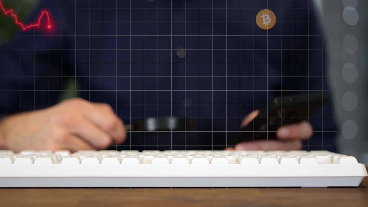 Bitcoins priskurve falder, forretningsmand med et tastatur og lup.