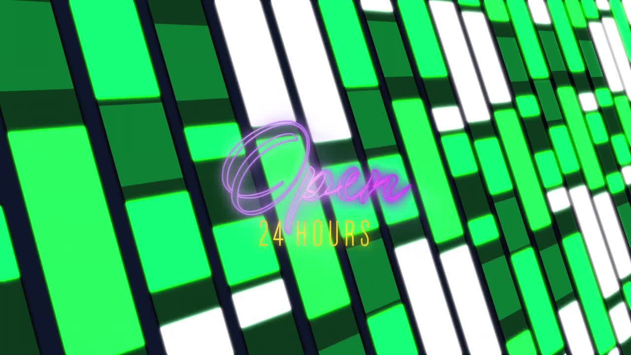 The animation shows a yellow neon billboard with the words 'open 24 hours' emerging against a green