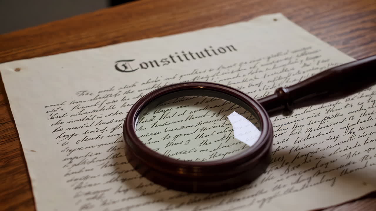 Close-up of the US Constitution with a magnifying glass