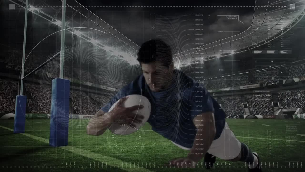 스포츠 경기장에서 럭비 경기 중 럭비 선수에 대한 데이터 처리 애니메이션