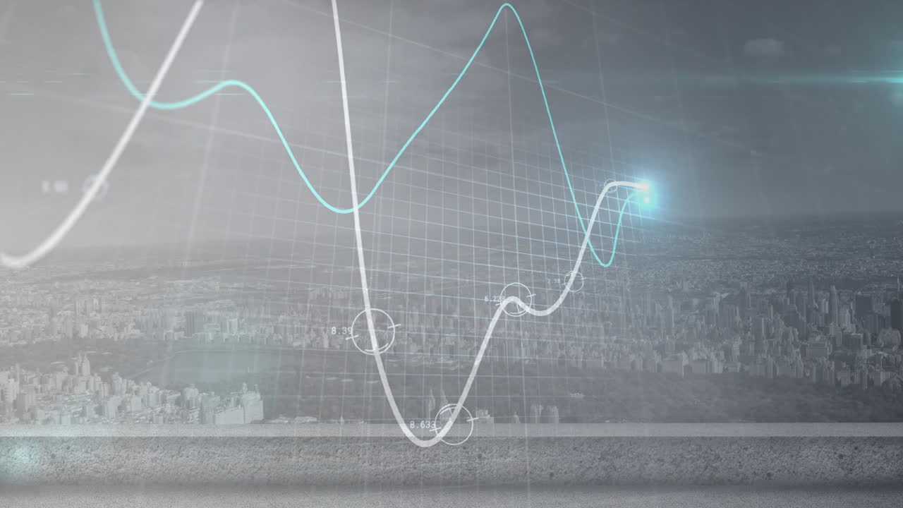 도시 풍경에 대한 빛의 점과 다이어그램의 애니메이션