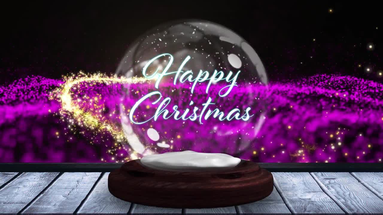 Animation of season's greetings text in snow globe and shooting star on black background