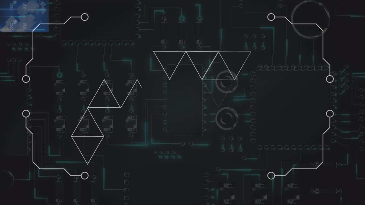 검은색 바탕에 컴퓨터 회로판 위의 모양의 애니메이션.