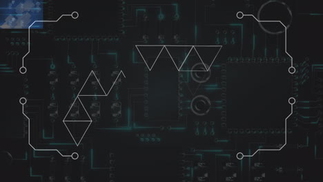 Animation of shapes over computer circuit board on black background