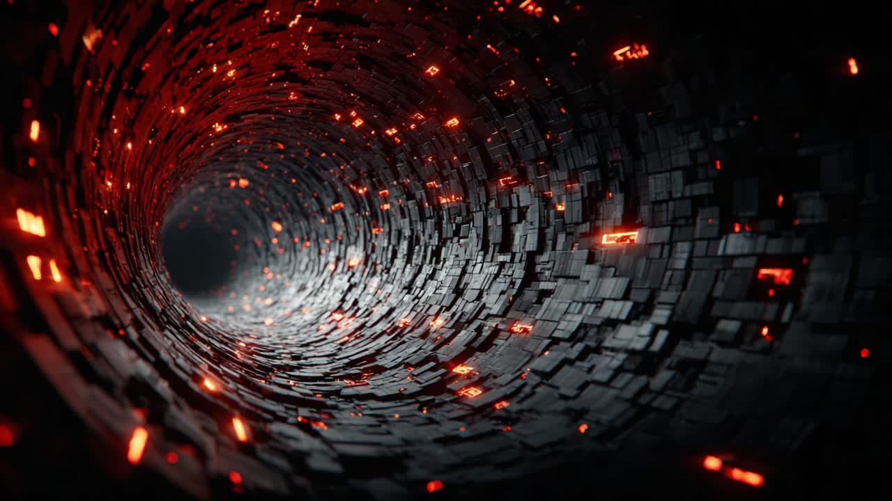 Exploring a Dark, Futuristic Tunnel of Light: An Intriguing Perspective on a Spherical Structure with Shimmering Particles in a 3D Space