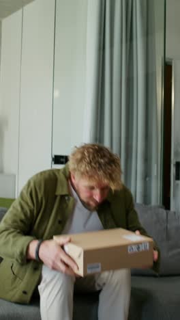 man unboxing a package at home