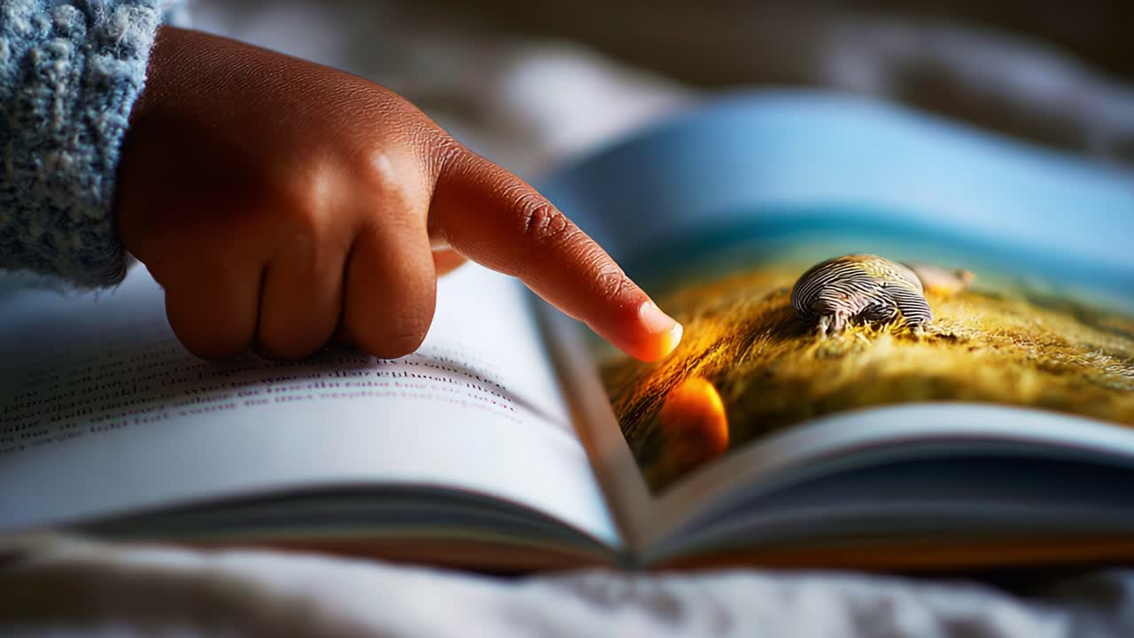 A Close-Up View of a Hand Pointing at a Colorful Illustration in a Book, Capturing the Fascination of Learning through Visual Storytelling and Exploration