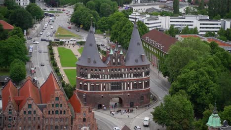 Lübeck's-famous-Holstentor-city-gate-is-bypassed-by-road-traffic