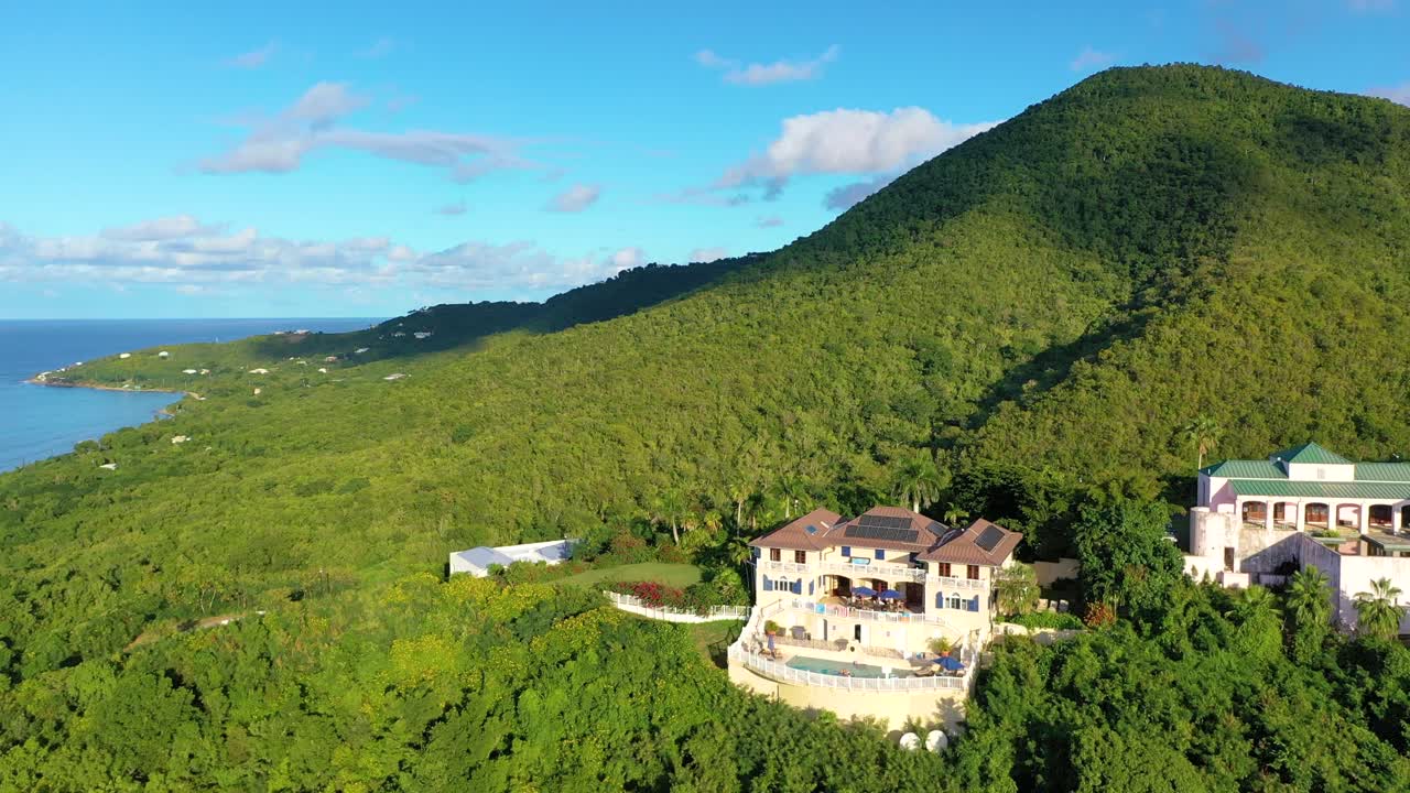 A handful of elite vacation homes lie nestled in tropical foliage near the Caribbean shoreline in St. Croix, USVI, captured from above in bright midday light and clear blue skies
