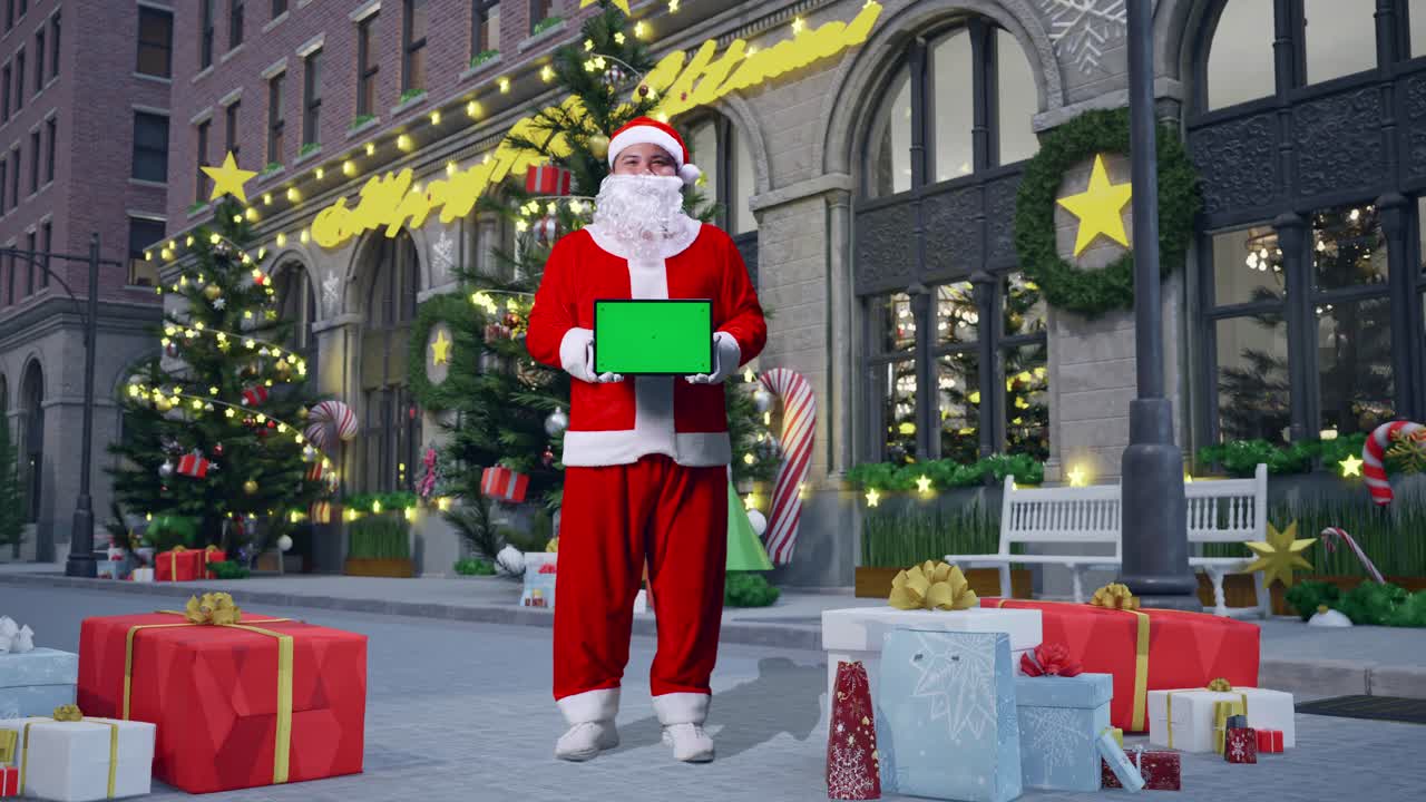 크리스마스 밤에 서 있는 동안 손에 녹색 화면 태블릿을 보여주는 아시아 산타클로스의 몸이 가득 차 있습니다.