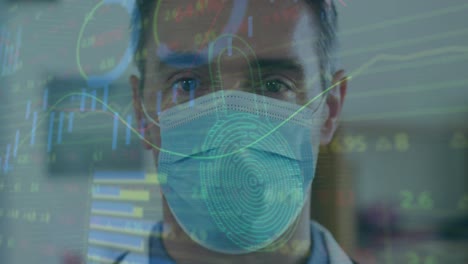 animation of data processing over caucasian man with face mask
