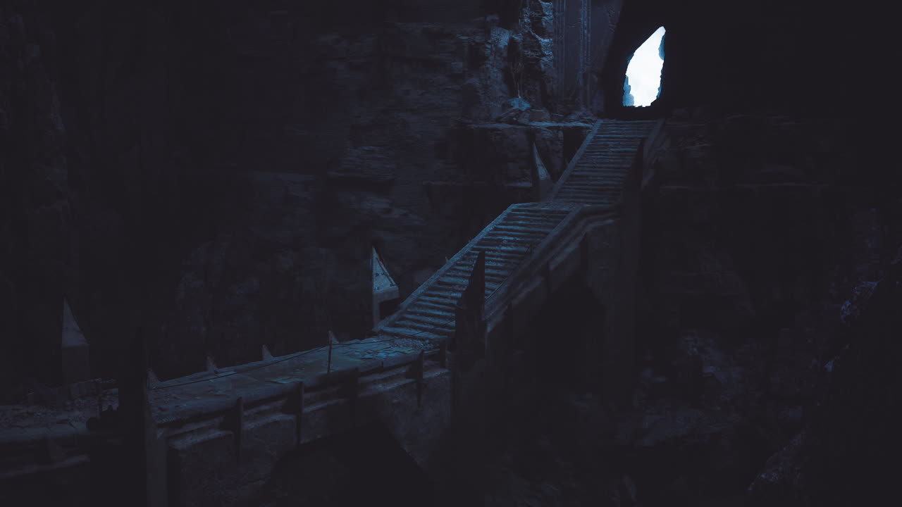 Mysterious wooden staircase leads through dark cave to bright opening