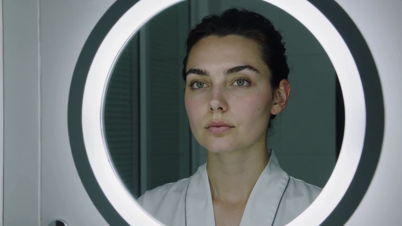 Donna in accappatoio che si avvicina a uno specchio illuminato ad anello in bagno per l'introspezione mentre la telecamera si muove