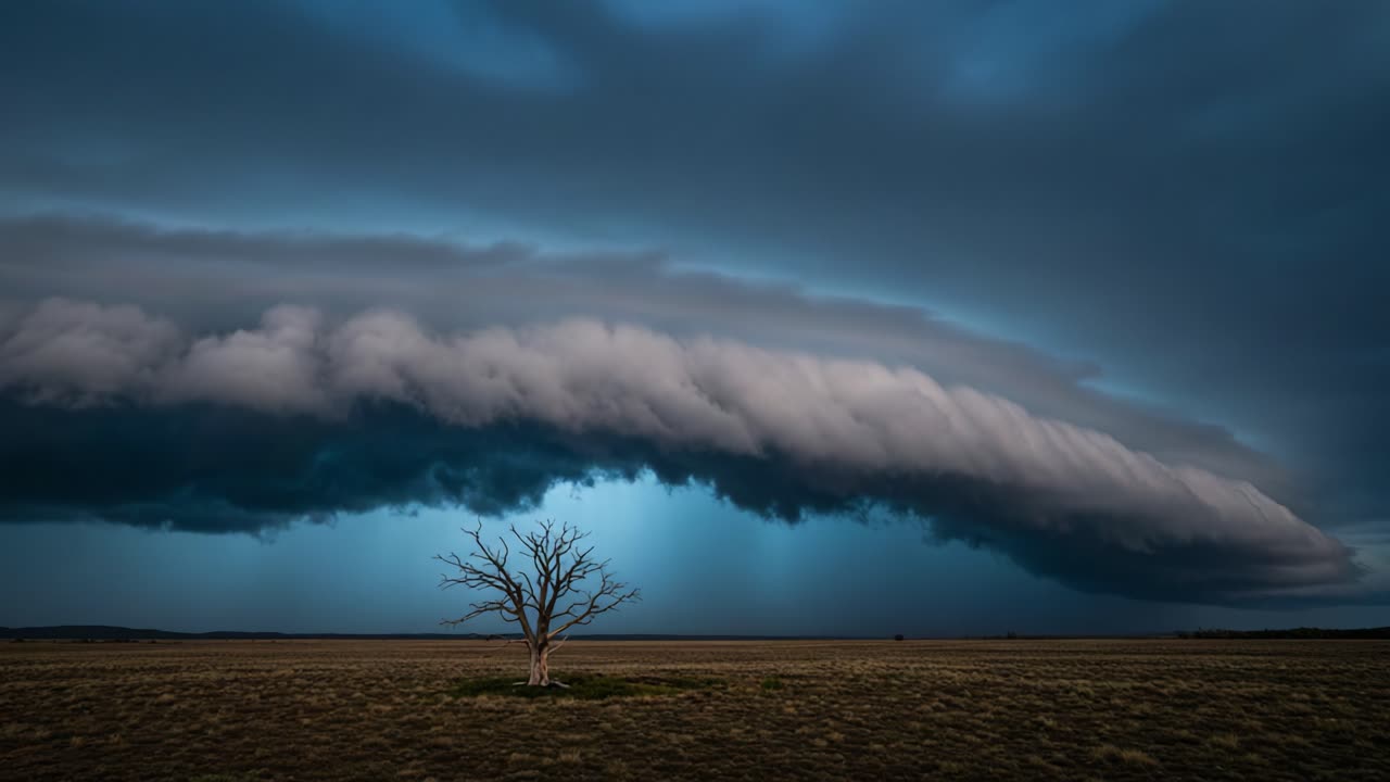 A solitary tree stands beneath an ominous, rolling cloud formation, capturing the dramatic essence of nature's stormy weather and the raw beauty of the landscape