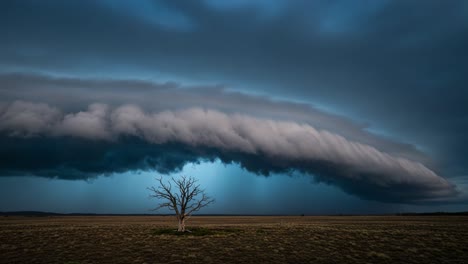 a solitary tree stands beneath an ominous, rolling cloud formation, capturing the dramatic essence of nature's stormy weather and the raw beauty of the landscape