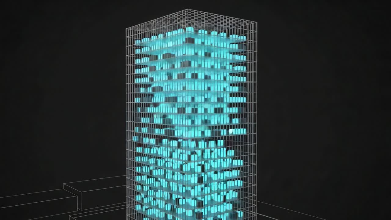 A Detailed Visualization of a Layered 3D Structure Displaying Dynamic Data Elements, Showcasing Motion and Depth in a Progressive Animation