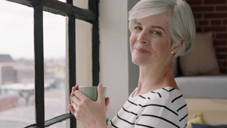 Porträt-Einer-Glücklichen-Frau-Mittleren-Alters,-Die-Zu-Hause-Kaffee-Trinkt-Und-Einen-Erfolgreichen-Ruhestand-Genießt-Und-Aus-Dem-Fenster-Blickt-Und-Vorausschauend-Plant.-Reife-Frau-In-Einem-Trendigen-Apartment-Loft