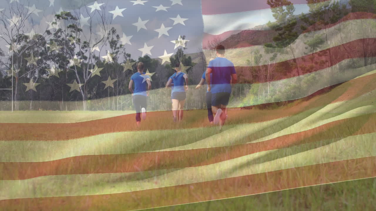 Running in field, people with American flag animation overlay in background
