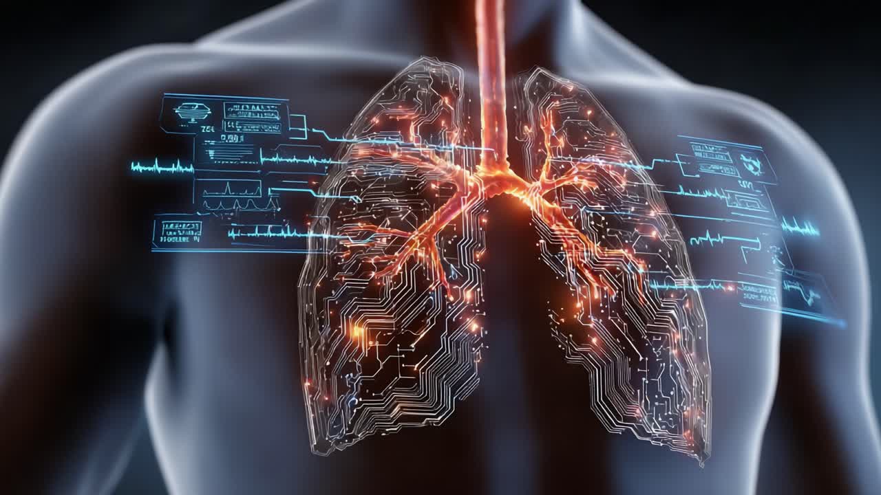 A Visual Representation of Lungs Integrated with Technology, Showcasing an Intricate Display of Circuits and Vital Signs in a Human Body Context