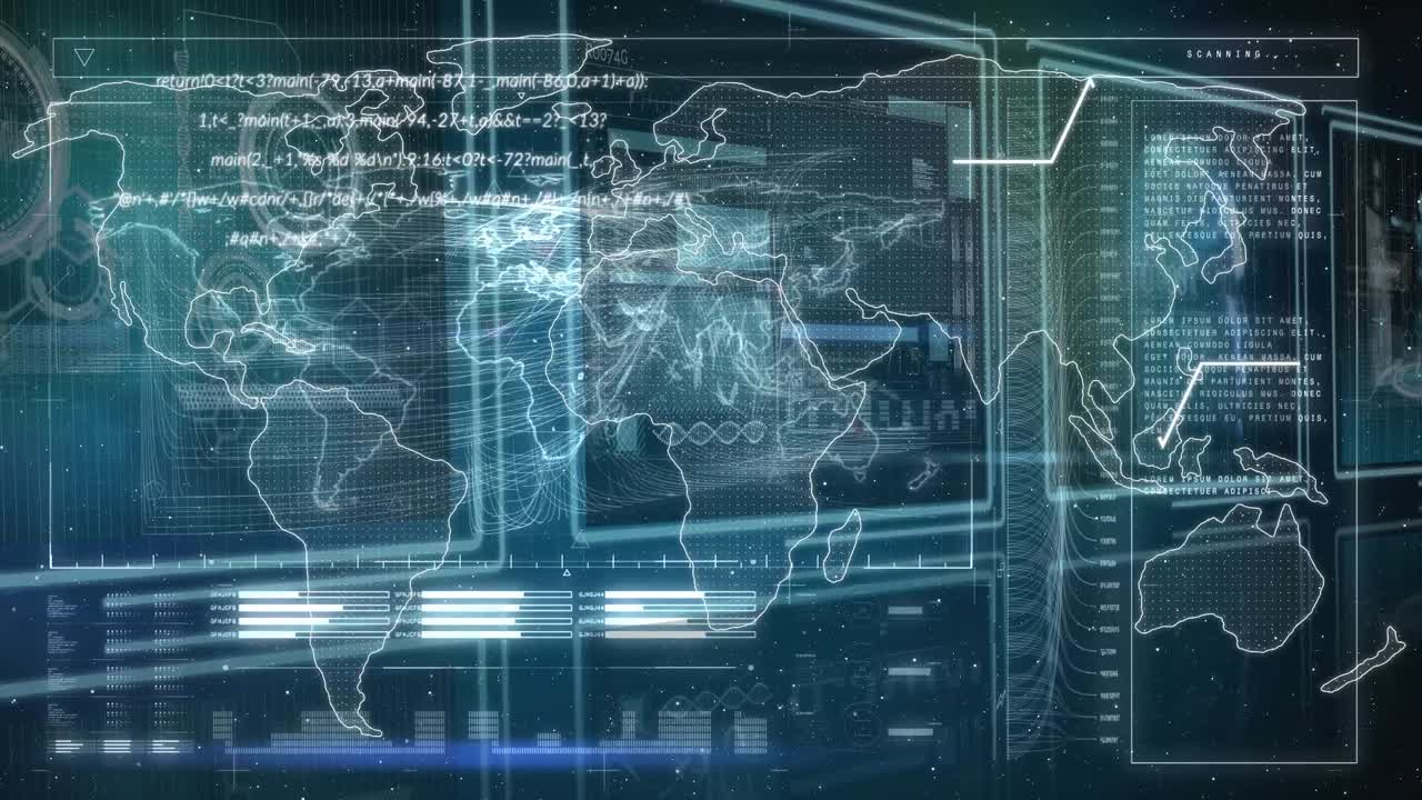 Animation of data processing over screens on dark background