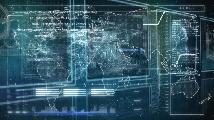 Animation of data processing over screens on dark background