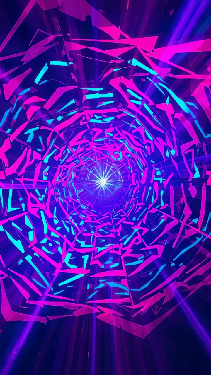 Video verticale: stella pulsante che guida frammenti magenta ciano rotanti formando un tunnel al neon su un palco buio