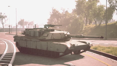 armored tank in big city