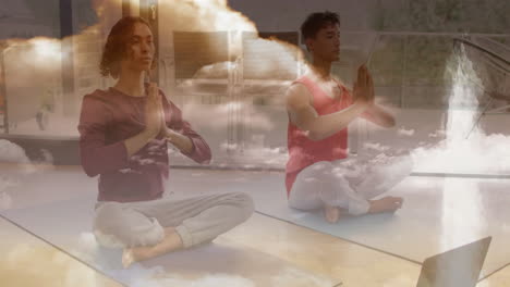 meditating together, two people with serene cloud animation in background