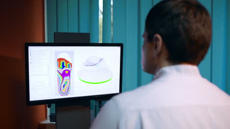 médico que trabaja con el modelado de zapatos utilizando el escáner de pies